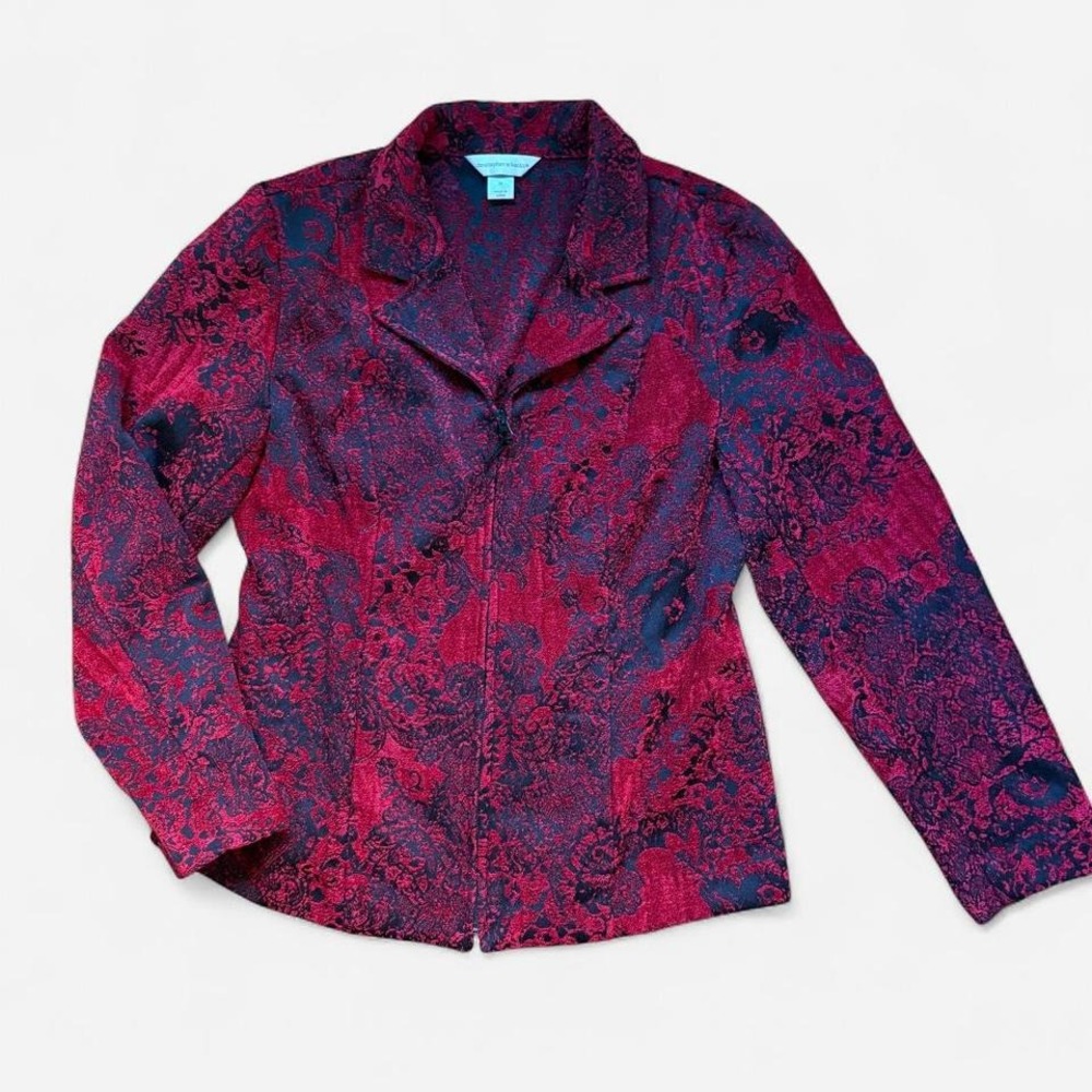 Vtg Whimsigoth Jacket 90s Red‎ Black Floral Jacquard Velour Zip Up Women's M